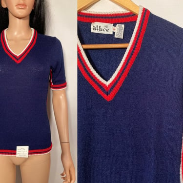 Vintage 70s Deadstock Red White And Blue Knit Top Size S 
