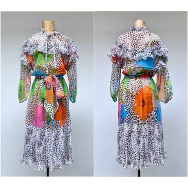 Vintage 1970s Jack Bryan Party Dress, Bold Polka Dot/Floral Chiffon Ruffled Yoke, Knife Pleated Skirt, Boho Gypsy Style, Medium 42