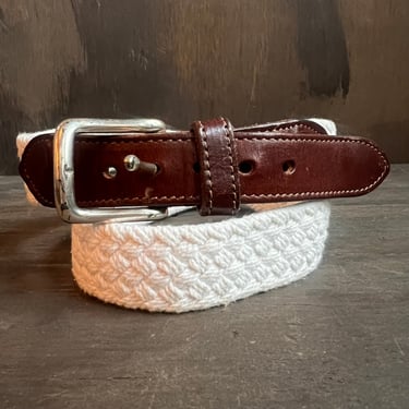 Woven White Belt with Leather Tips
