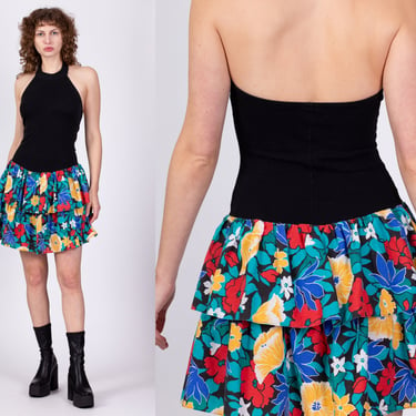 80s Black Floral Mini Halter Skater Dress - Medium | Vintage Sleeveless Racerback Drop Waist Tiered Skirt Dress 