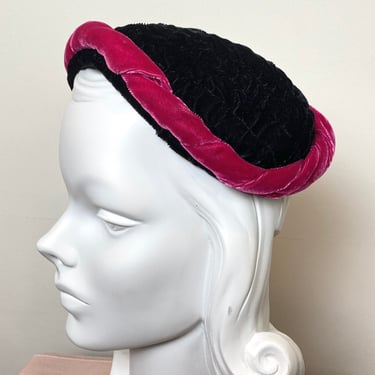 Vintage 1950s Hat 50s New Look Black and Pink Velvet Fascinator 