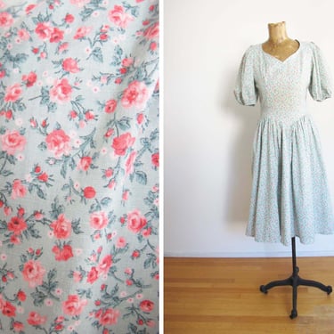 Vintage 80s Floral Laura Ashley Style Dress Small - 1980s Mint Green Pink Calico Floral Midi Dress Puff Sleeves - Cottagecore Romantic 