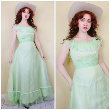 1970s Vintage Sylvia Ann Mint Green Nylon Prairie Dress / 70s  Seafoam Ruffled Gown / Size Small 