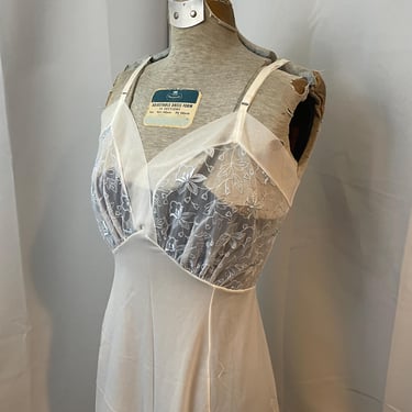 Wedding Slip Dress Lingerie White Lace Sheer Blue Floral Embroidery 1950s Vintage 36 M 