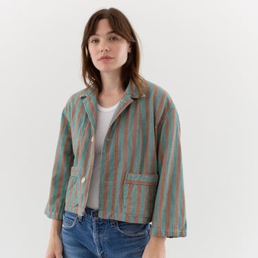 Vintage Brown Green Flannel Striped Crop Shirt Jacket | Unisex Stripe Cotton Pajama Chore | M | SCJ006 