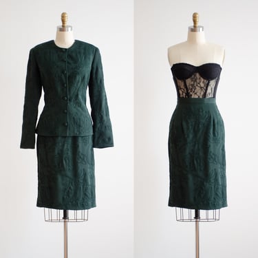forest green skirt suit 80s 90s vintage dark green floral embroidered jacket and skirt set 