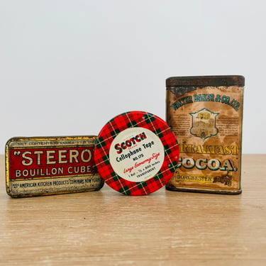 Vintage Tin Lot Steero Bouillon Cubes, Scotch Tape, and Walter Baker Breakfast Cocoa General Store Small Containers 