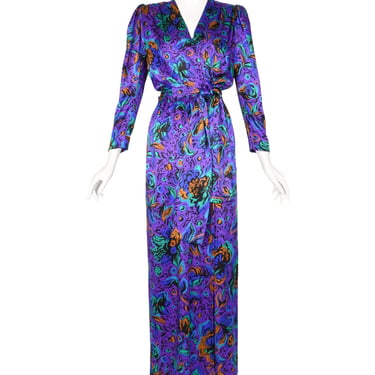 Yves Saint Laurent Vintage 1980s Purple Mulricolor Floral Silk Charmeuse Surplice Gown