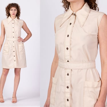 70s Khaki Belted Button Front Dress - Petite Medium | Vintage Boho Sleeveless Collared Mini Shift Dress 