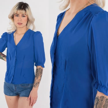 Sheer Blue Blouse 70s Puff Sleeve Top Royal Blue Button Up Shirt Retro V Neck Blouse Plain Party Top Vintage 1970s Oops Too Small S 