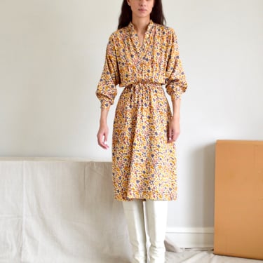 70s floral cotton henley warm tone shirtdress midi with pockets 