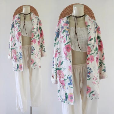 floral linen jacket - m - vintage 90s 1990s womens cute cottage cottagecore summer blazer medium 