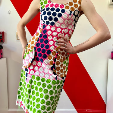 60’s Haymaker Textured Cotton Rainbow Polka Dot Mod Print Mini Dress