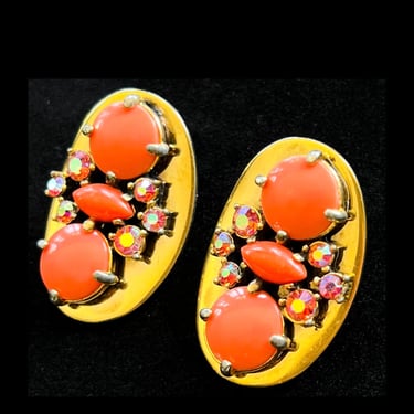 Schiaparelli Coral Gold Aurora Borealis Clip On Earrings