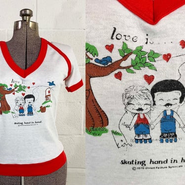 Vintage Love Is... Tee Red White Two Tone Ringer Sportswear T-Shirt Short Sleeve Kim Casali Hipster Shirt Brandywine Medium 1970 1970s 