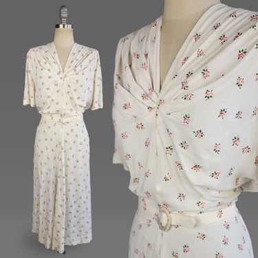 1940s Dress / 1940s White Floral Day Dress / Casual Wedding Dress / 1940s Print Rayon Dress / Size Large 