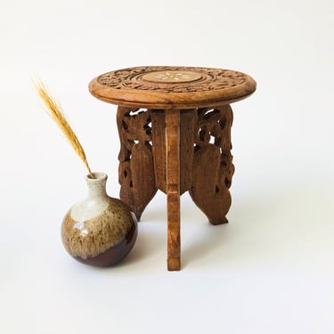 Vintage Small Carved Wood Plant Stand 