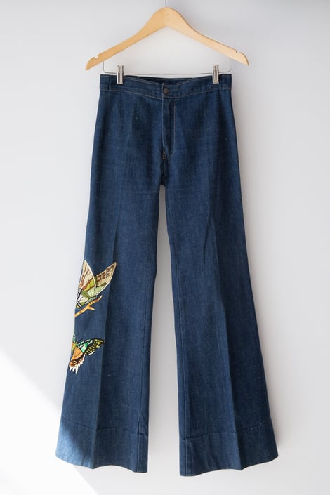 1970s Antonio Guiseppe Butterfly Embroidery Wide Leg Denim