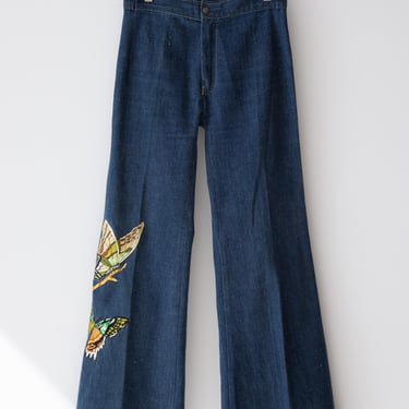 1970s Antonio Guiseppe Butterfly Embroidery Wide Leg Denim