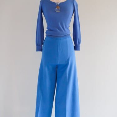 Vintage 1970's Sonia Rykiel Winter Cerulean Blue Wool Two Piece Pant & Sweater Set / Small