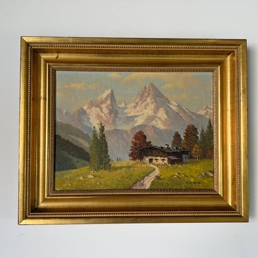 1950's J. Lobis Alpine Cottage & Mountain Landscape Oil Painting 