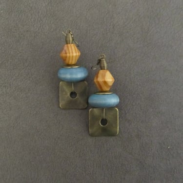 Hammered bronze earrings, geometric earrings, unique mid century modern earrings, ethnic earrings, bohemian earrings, statement steel blue 