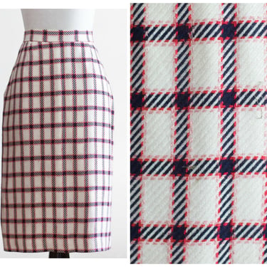 Vintage Pink, White, and Black Plaid Sheath Skirt - Soft Wool Fabric, Fully Lined 