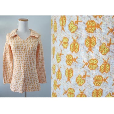 Vintage 60s 70s Groovy Long Sleeve Blouse - Mod Ladybug Novelty Print Top - Orange Yellow Polyester Knit - Size Small 