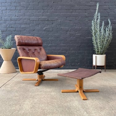 Norwegian Modern Leather Lounge Chair with Ottoman by Vatne Mobler, c.1960’s 