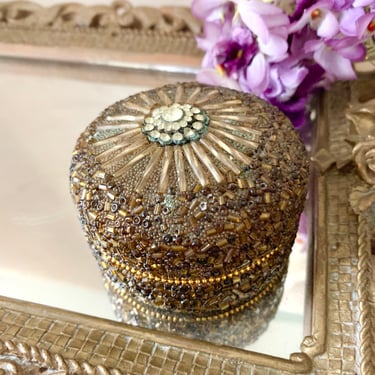 Jeweled Trinket Box, Rhinestone Embellishment,All Over Seed Beads, Felt Lined, Vintage 