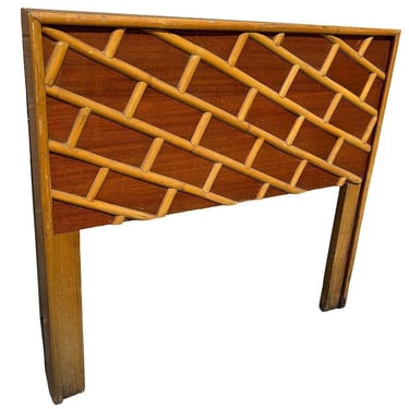 Restored Mid-century Geometric Brick Pattern Rattan & Mahogany Twin Size Headboard 