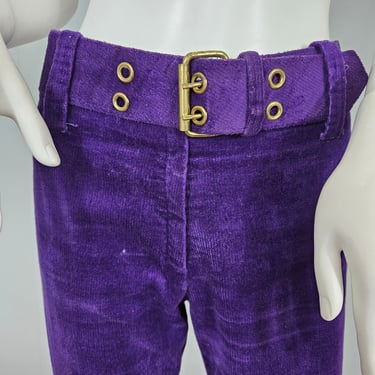 1960's Purple Cotton Corduroy Belted Hip Hugger Pants I Sz med I W: 32