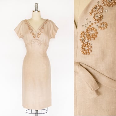 1950s Dress Linen Embellished Wiggle M 