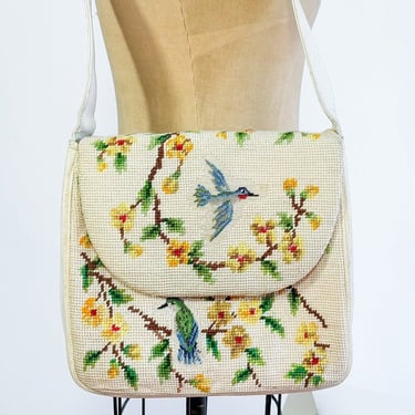 1960s Creme Needlepoint Shoulder Bag | 60s Beige Birds & Flowers Needlepoint Purse 