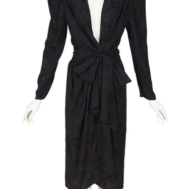 Wayne Clark 1980s Vintage Black Jacquard Silk Plunge Neck Wrap Dress Sz M 