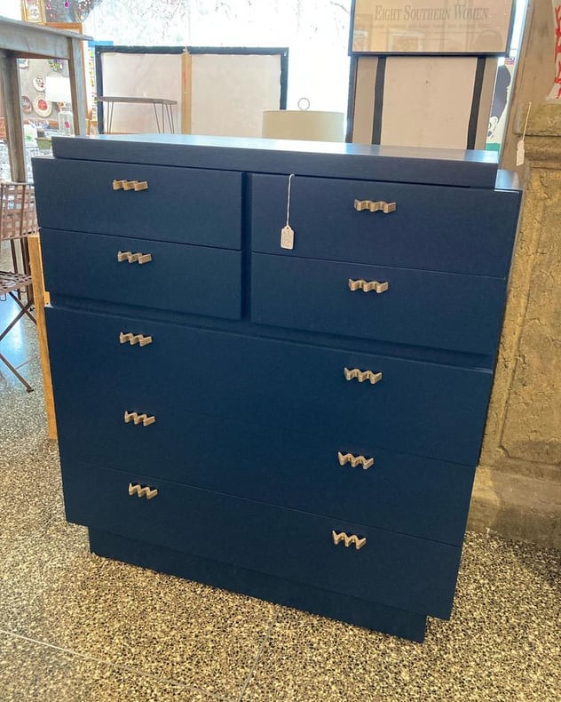 Blue painted mid century chest of drawers 40” x30.5” x 43.75 Call 202-232-8171 to purchase 