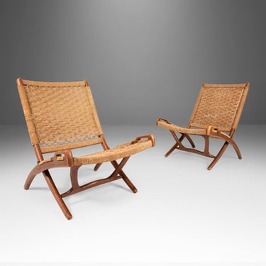 Set of Two (2) Low Profile Folder Chairs in Walnut & Paper Chord After Hans Wegner, c. 1960s 
