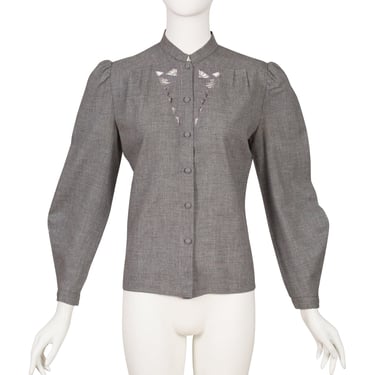 Emmanuelle Khanh 1970s Vintage Cut-Out Gray Wool Triangle Sleeve Blouse Sz M 