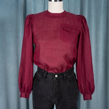 Gorgeous Vintage 80s Paul Costelloe Burgundy Sheer Irish Linen Blouse with Gathered Shoulders and Balloon Sleeves 