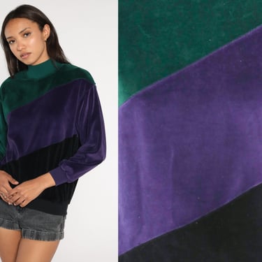 80s Velour Sweatshirt -- Green Purple Color Block Sweater Slouchy Mock Neck Black Pullover Shirt 1980s Mockneck Sweatshirt Small 