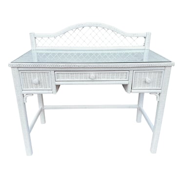 White Rattan Desk by Henry Link Wicker 42” Vintage Glass Table Top Small Vanity - Coastal Hollywood Regency Boho Chic Style Furniture 