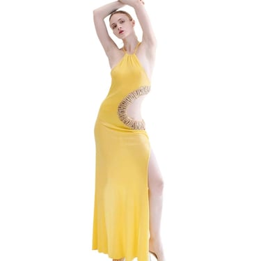 Vintage Roberto Cavalli Spring 2005 Documented Runway Yellow Cut Out Gown with Gold Thread Trim and Jeweled Detail 