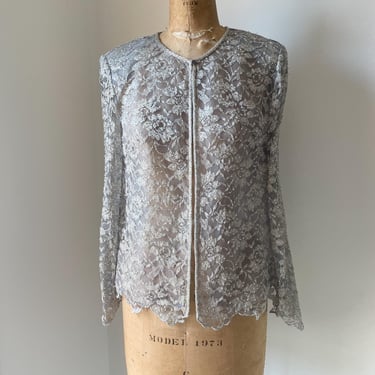 Vintage ‘80s ‘90s beaded silver lace jacket | sparkly gray evening jacket, S 