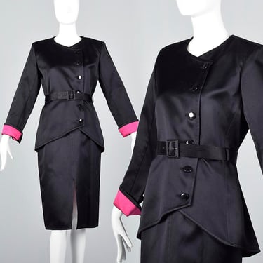 Small Yves Saint Laurent Rive Gauche Satin Skirt Suit Black Separates Hot Pink French Cuffs Pencil Skirt Separates Vintage 1980s 