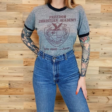 70's Paper Thin Freedom Christian Academy Vintage Ringer Tee Shirt 