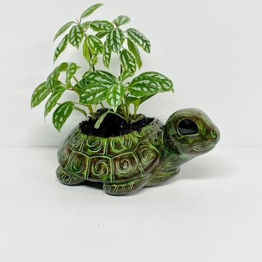 Vintage Handmade Pottery Turtle Planter / Green/  Brown Drip / 1975 Signed / FREE SHIPPING 