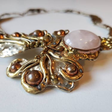 Brutalist vintage necklace copper, brass and rose quartz, 1970's 
