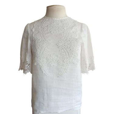Vintage White Linen Blouse w/Lace Applique / S-M 