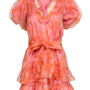 Show Me Your Mumu - Orange & Pink Watercolor Print Ruffle Dress Sz S