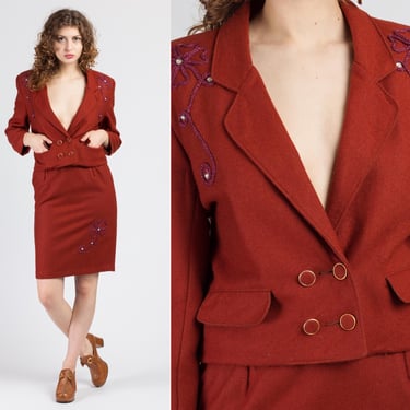 Vintage Rust Red Blazer Jacket & Skirt Set - Small | 80s 90s Soutache High Waist Mini Skirt Outfit 